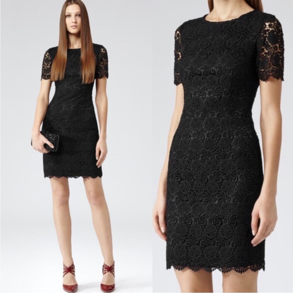 Reiss Swift Guipure Lace shift dress short sleeve little black dress sz 6
